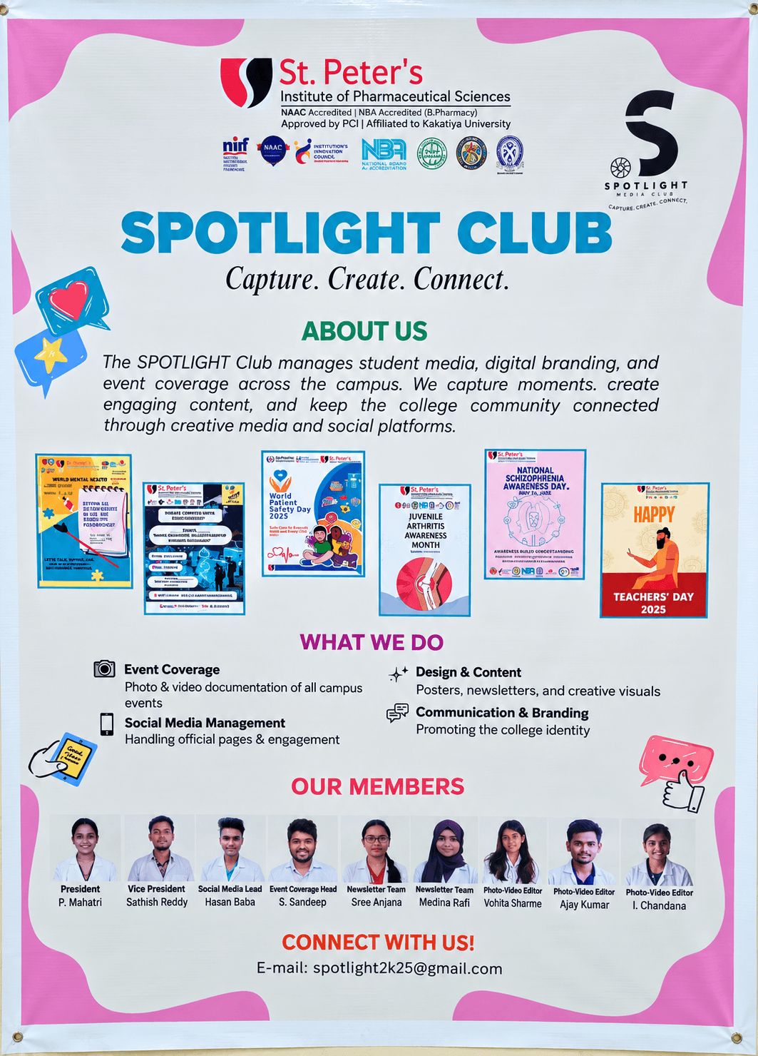 Spotlight Club poster – Capture. Create. Connect. – student media and event coverage