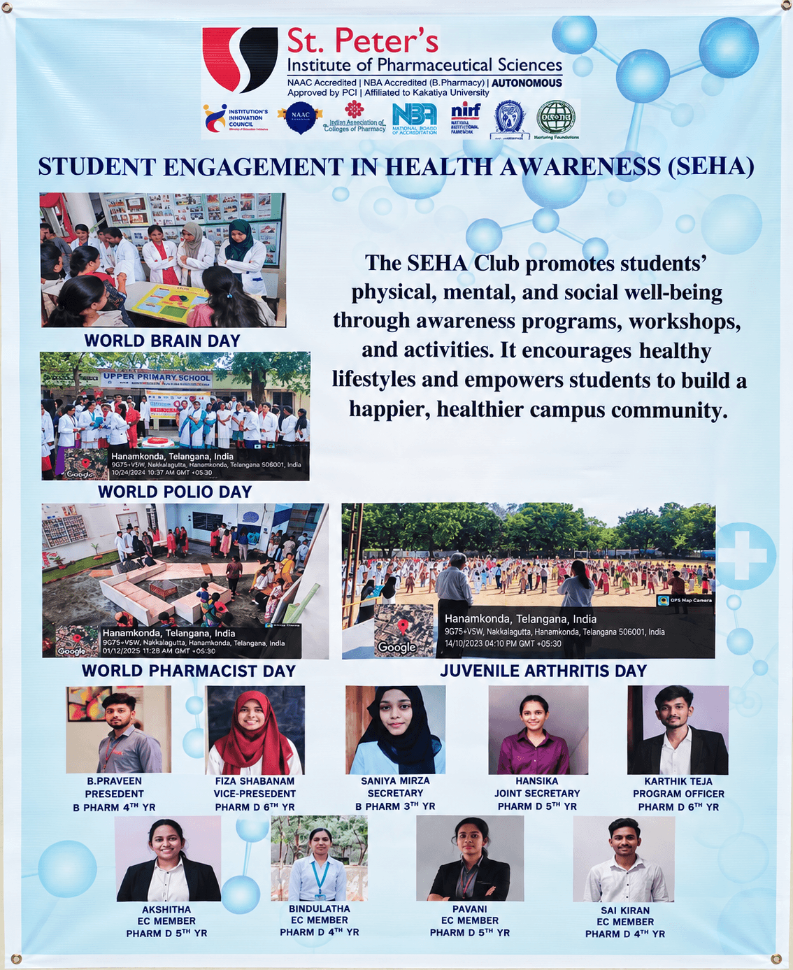 SEHA – Student Engagement in Health Awareness poster – World Brain Day, Polio Day and pharmacist day